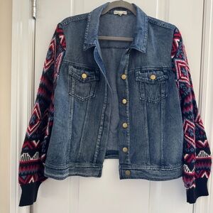 Stevie Hender Soft Denim Jacket Cozy Red Navy Aztec Balloon Sweater Sleeves Lg